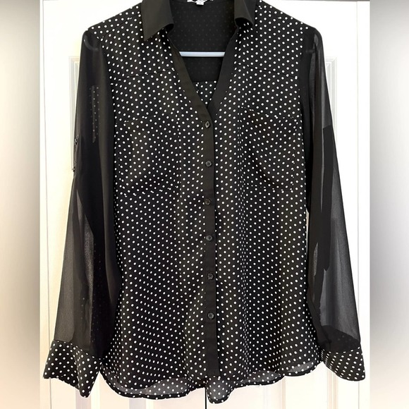 Express Womens Portofino Button Front Blouse Medium Black White Dots - Picture 1 of 8